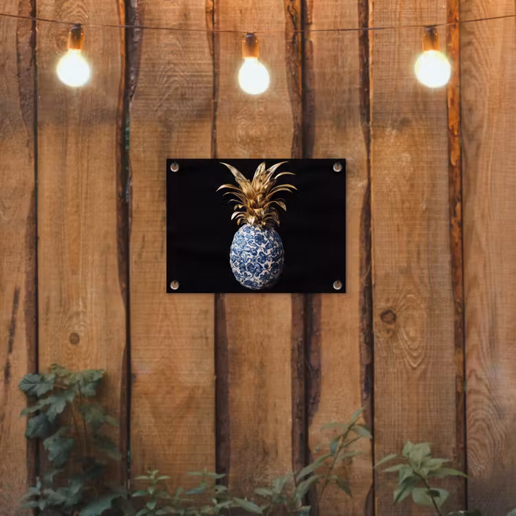 Tuinposter - Ananas - Bloemen patroon - Goud - Delftsblauw — 3