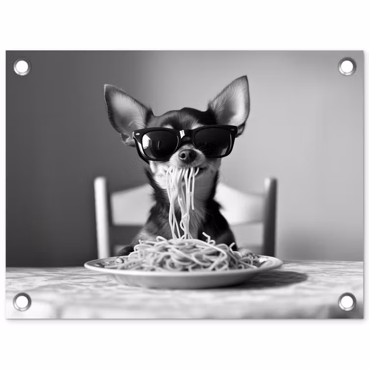 Tuinposter - Chihuahua - Hond - Zonnebril - Humoristisch - Zwart - Wit - Spaghetti — 1