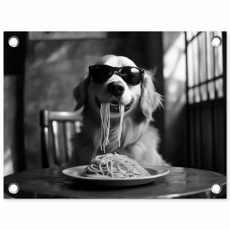 Tuinposter - Golden Retriever - Hond - Vrolijk -  Bord spaghetti - Zwart - wit — 1