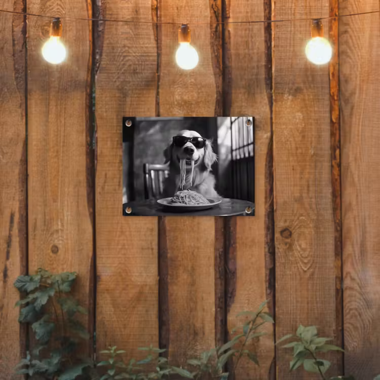 Tuinposter - Golden Retriever - Hond - Vrolijk -  Bord spaghetti - Zwart - wit — 3