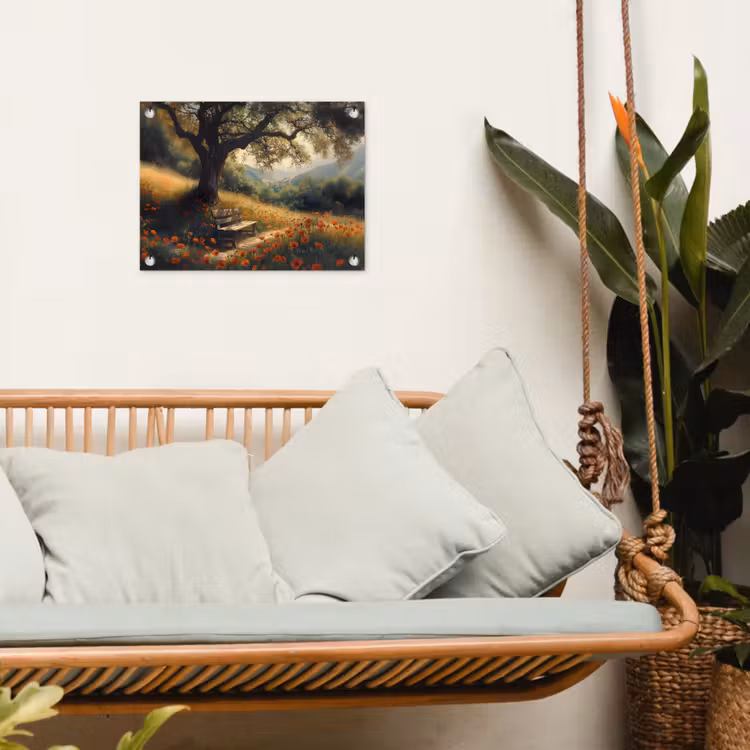 Tuinposter - Bankje - Boom - Klaprozen - Heuvels — 4