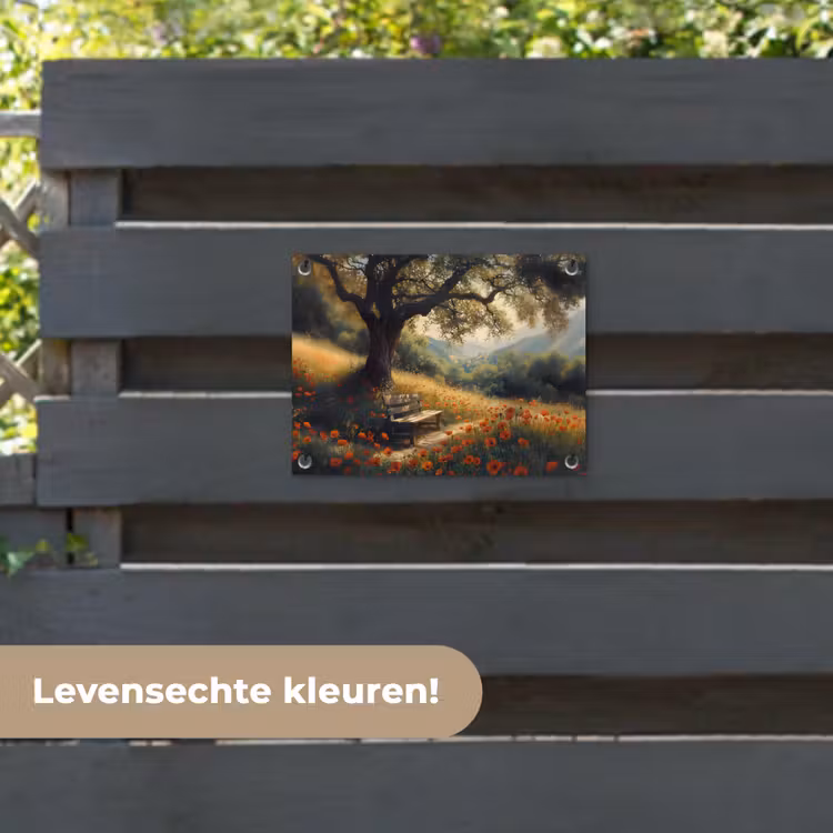 Tuinposter - Bankje - Boom - Klaprozen - Heuvels — 6