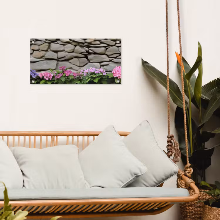 Tuinposter - Hortensia’s - Stenen - Muur - Bloemen — 4