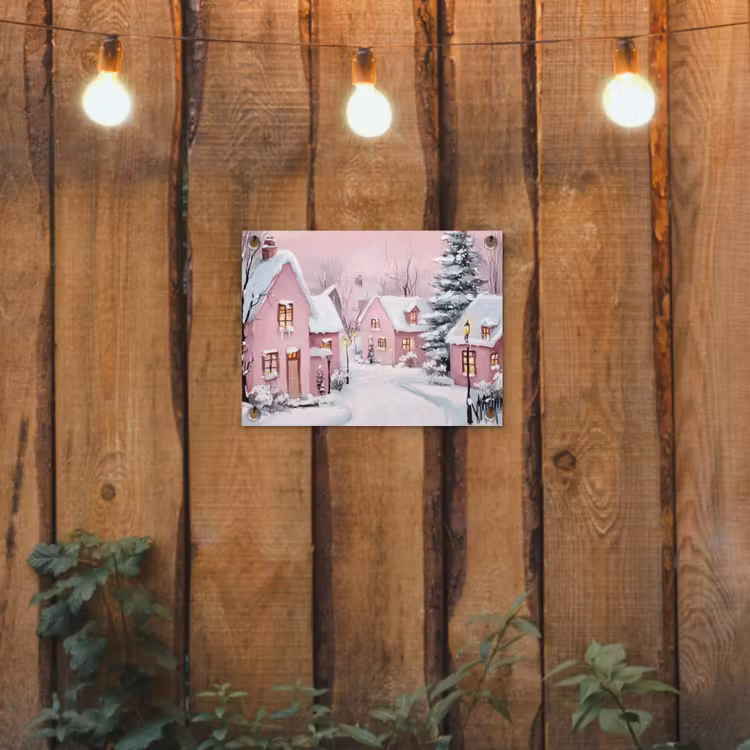 Tuinposter - Kerstdorp - Roze - Winter - Sneeuw - Huizen — 2