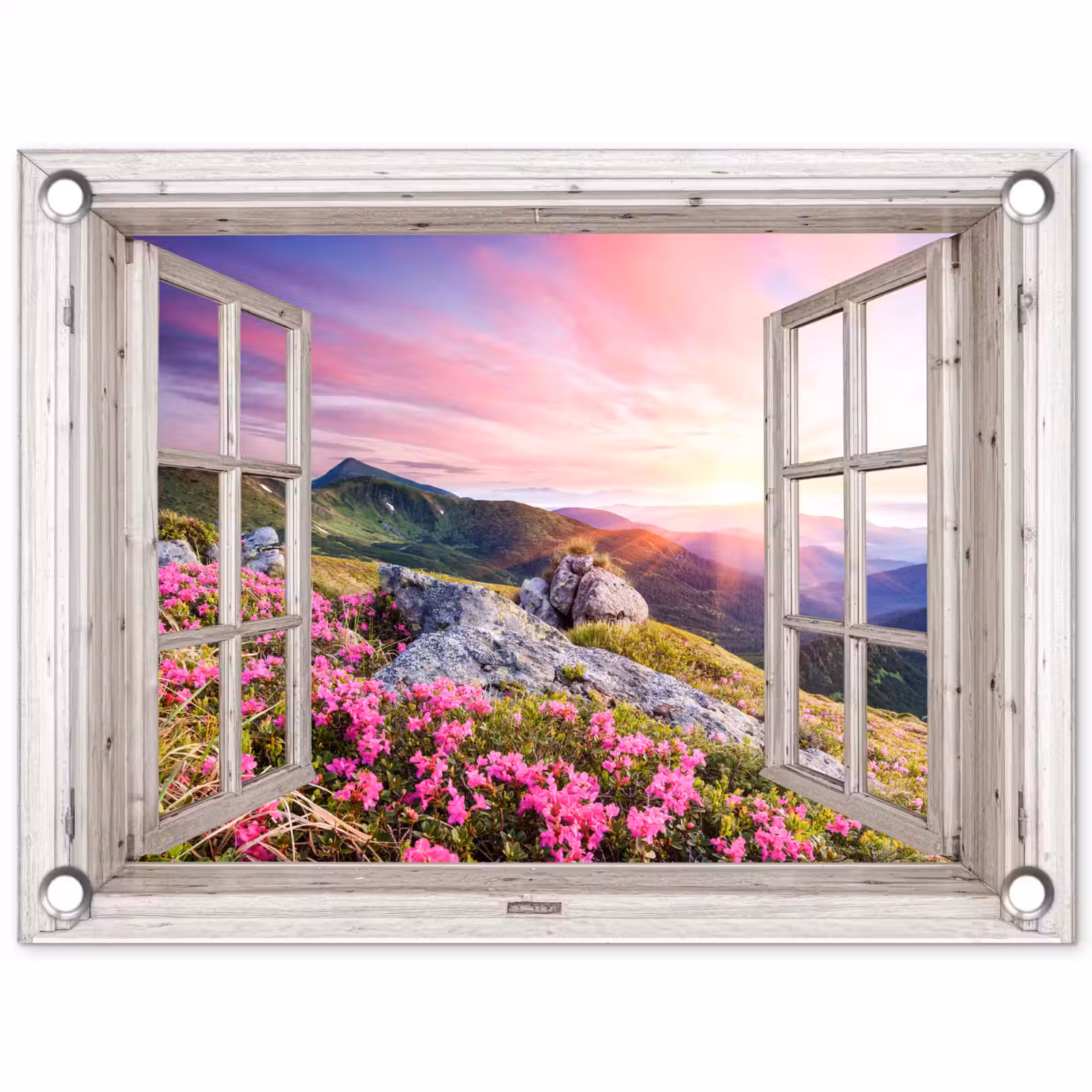 Tuinposter - Bergen - Landschap - Doorkijk - Bloemen - Avond - Roze — 1