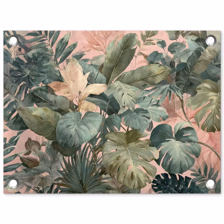 Tuinposter - Compositie van bladeren - Groen - Roze — 1