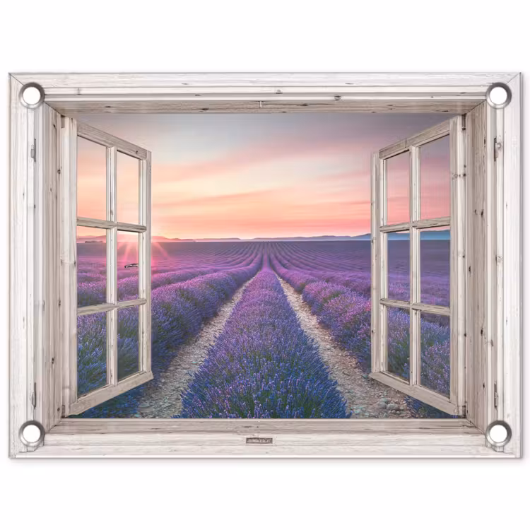 Tuinposter - Doorkijk - Lavendel - Bloemen - Hout - Zonsondergang - Paars — 1