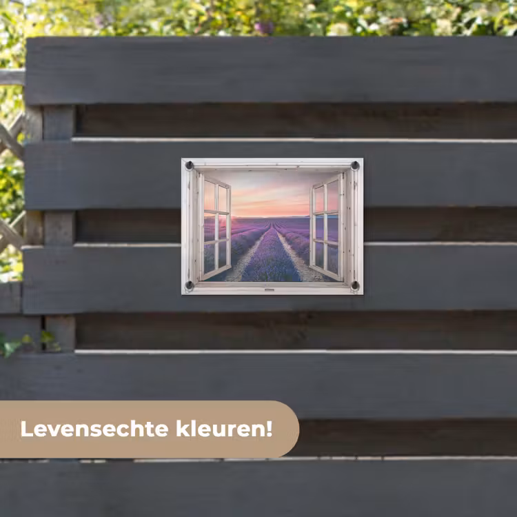 Tuinposter - Doorkijk - Lavendel - Bloemen - Hout - Zonsondergang - Paars — 6