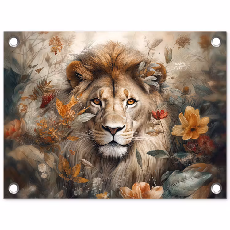 Tuinposter - Leeuw - Wilde dieren - Planten - Natuur - Bloemen — 1
