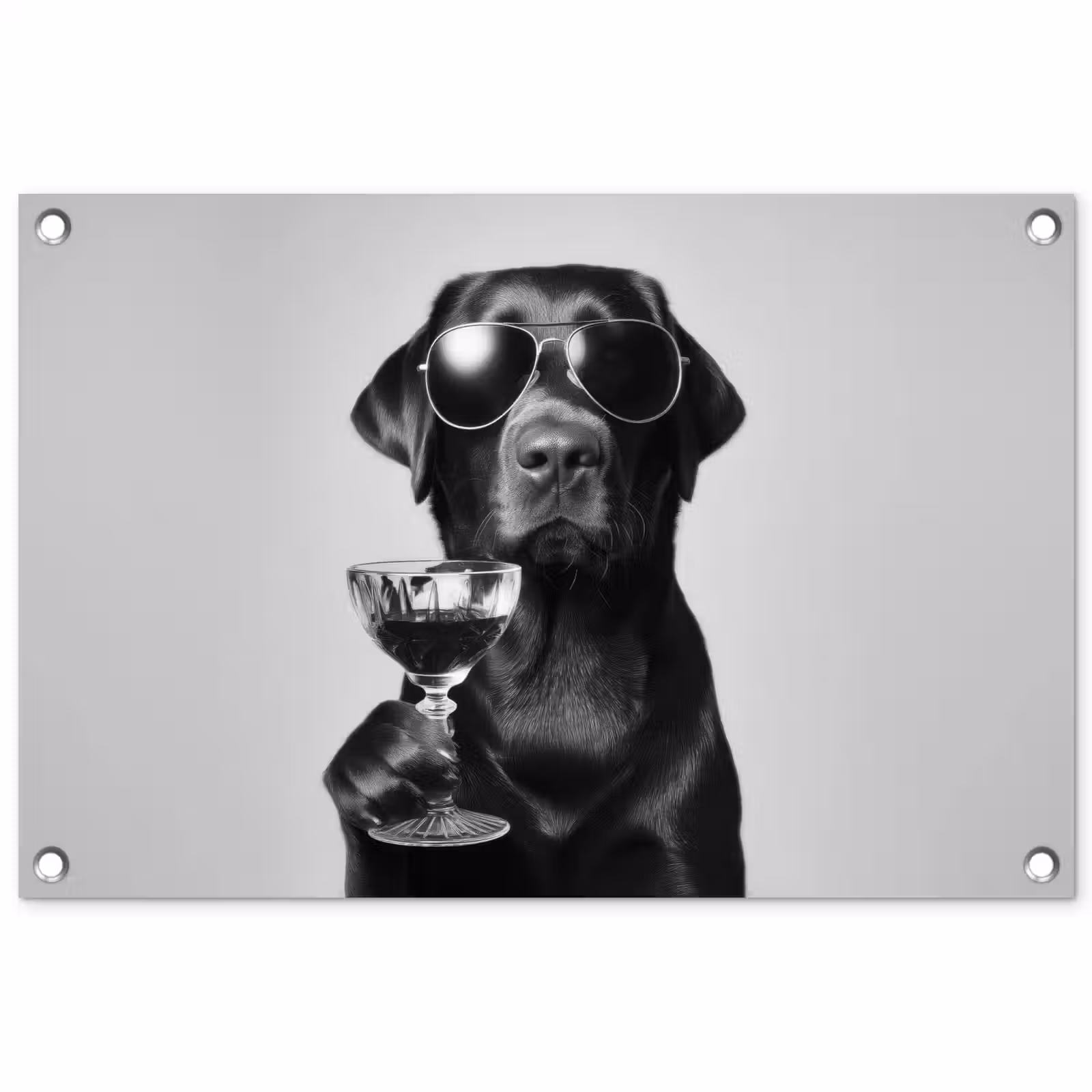 Tuinposter - Hond - Zwart - Wijnglas - Zonnebril — 1