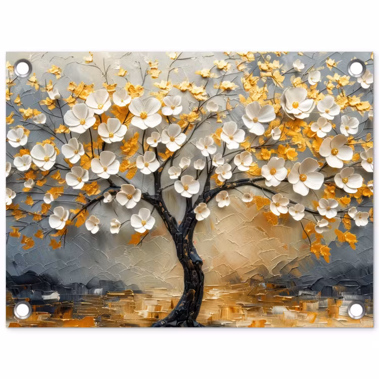 Tuinposter - Boom - Bloemen - Goud - Beige — 1