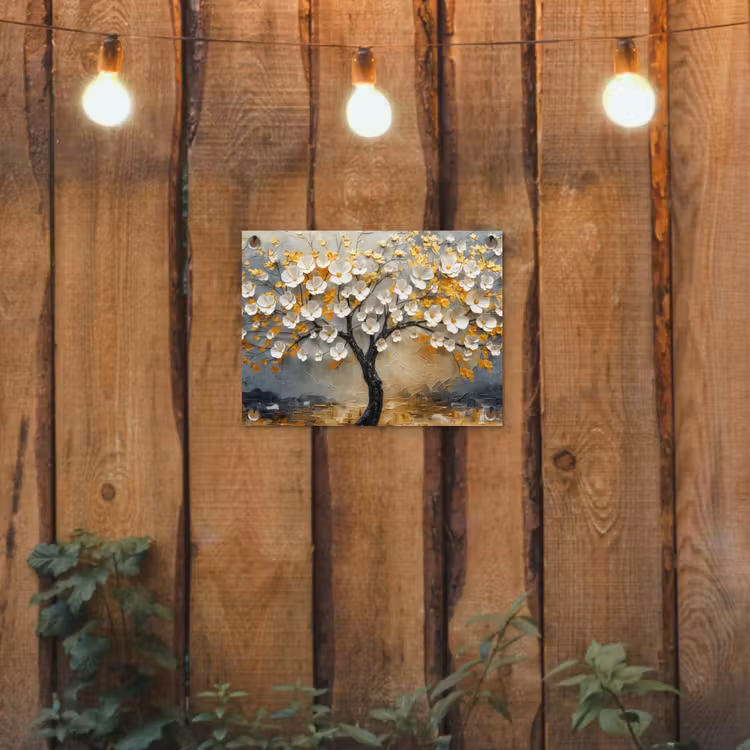 Tuinposter - Boom - Bloemen - Goud - Beige — 2