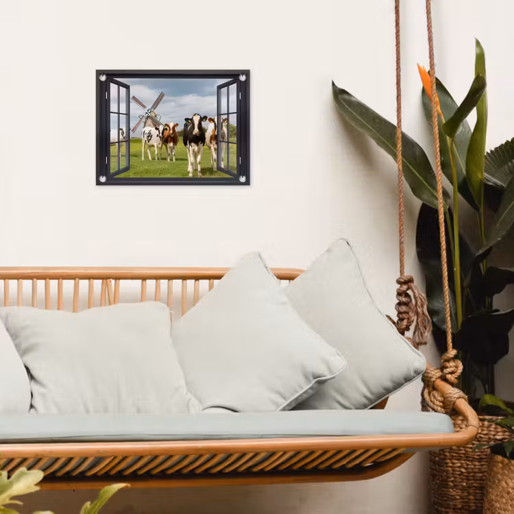 Tuinposter - Doorkijk - Koe - Molen - Koeien - Weiland - Gras - Groen — 4
