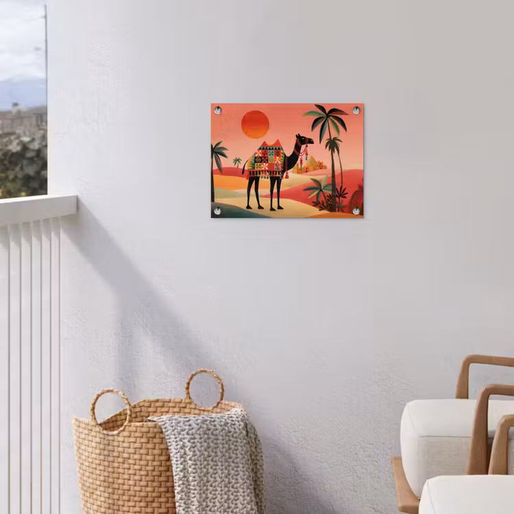Tuinposter - Kameel - Gekleurd tapijt - Duinen - Rode zon — 5