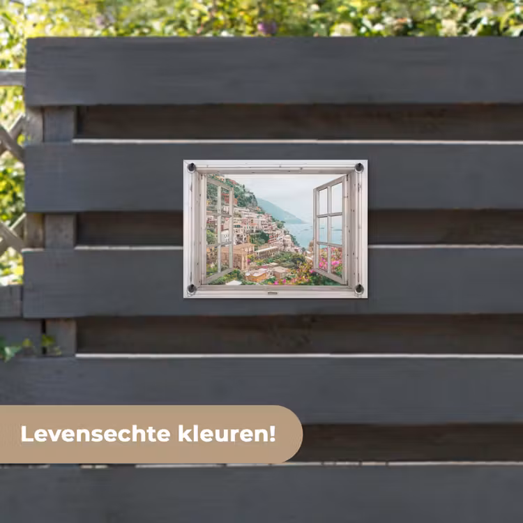 Tuinposter - Doorkijk - Italië - Bloemen - Zee - Kust - Stad - Bergen — 6