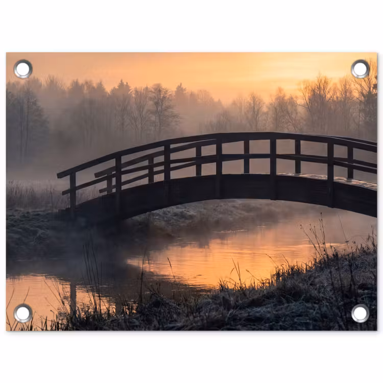 Tuinposter - Brug - Mist - Bomen - Water — 1