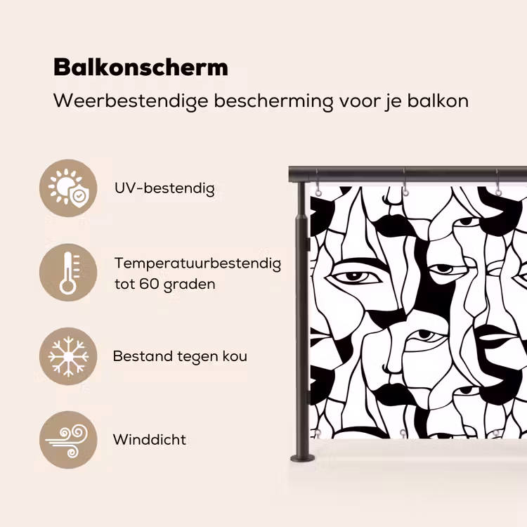 Balkonscherm - Lijnen - Gezichten - Zwart - Wit — 3