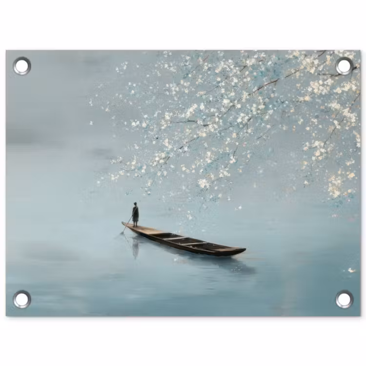 Tuinposter - Bloesems - Minimalistisch - Wateroppervlak - Boot — 1