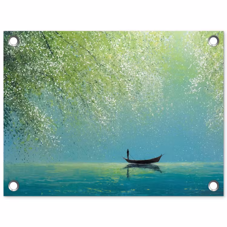 Tuinposter - Bootje - Water - Bladeren - Bloesems — 1