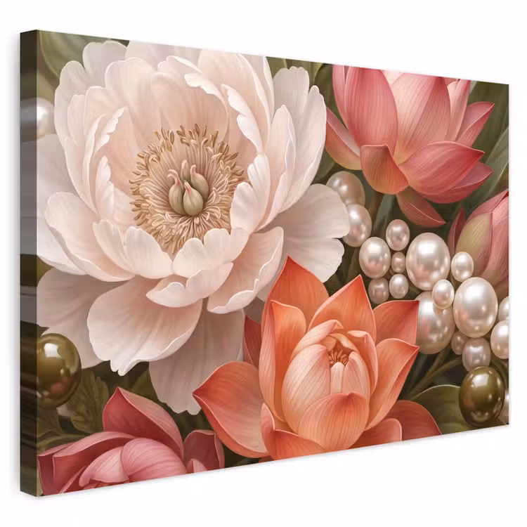 Buiten canvas - Bloemen - Parels - Elegant - Roze - Wit — 1