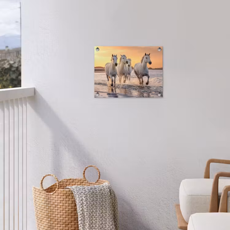Tuinposter - Witte paarden galopperen langs de kust — 5