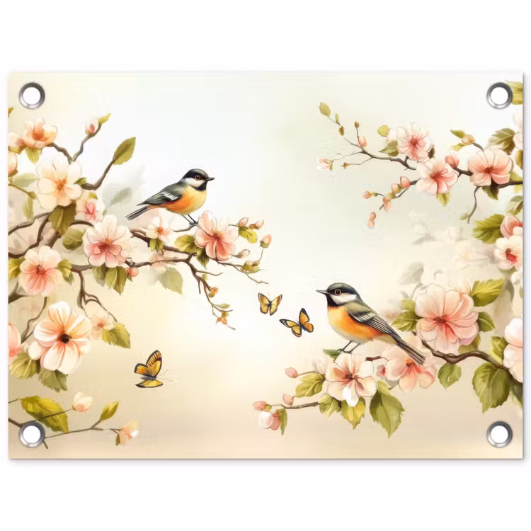 Tuinposter - Takken - Bloemen - Vogeltjes - Roze — 1