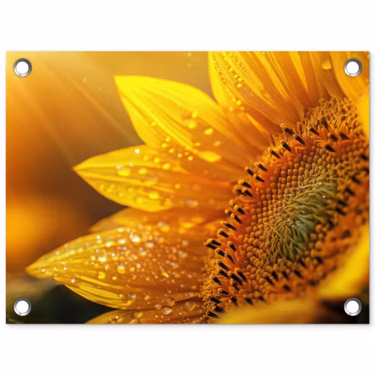 Tuinposter - Zonnebloem - Dauwdruppels - Geel - Zonlicht — 1