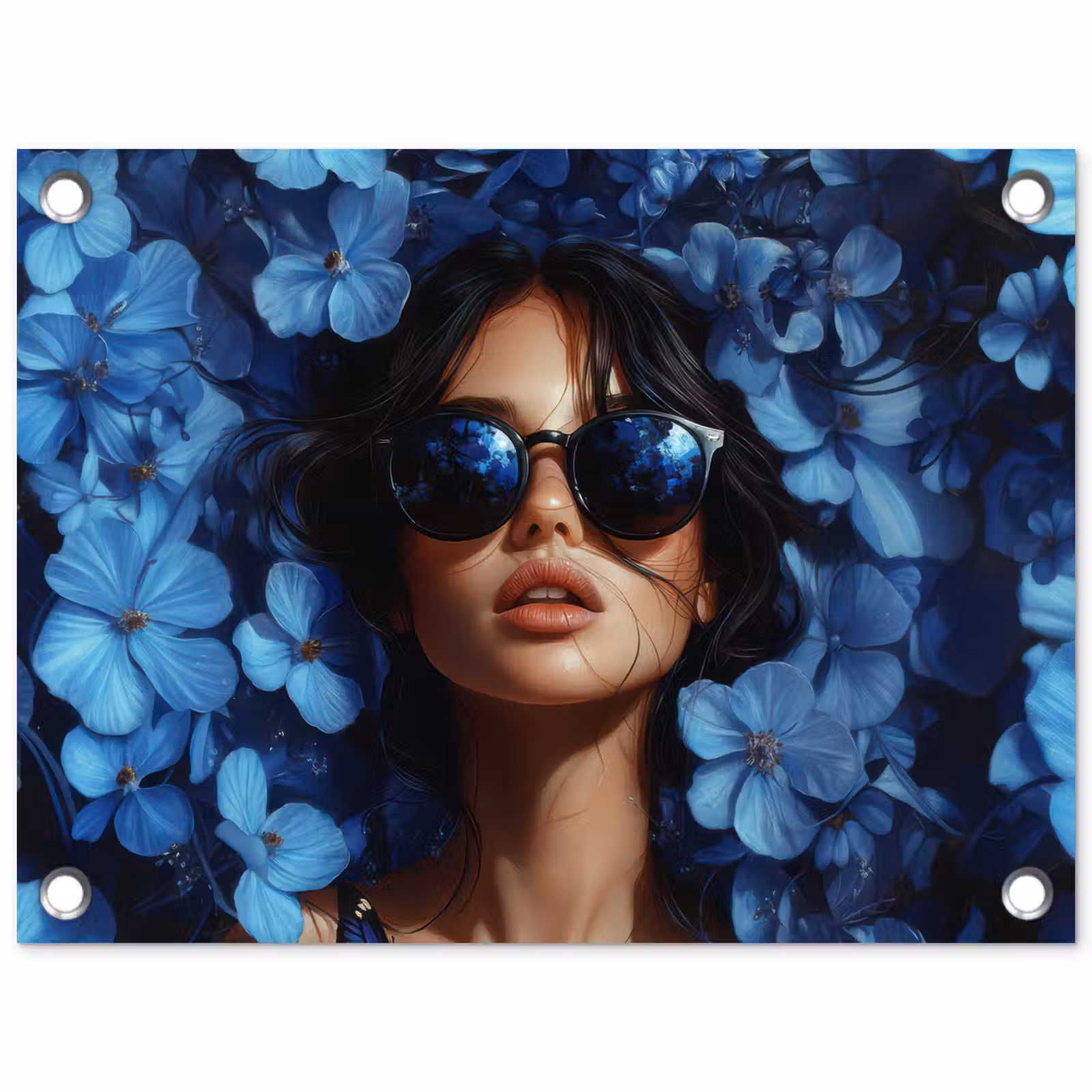 Tuinposter - Vrouw - Blauw - Bloemen - Vlinders - Natuur — 1