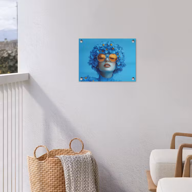 Tuinposter - Vrouw - Bloem - Blauw - Modern - Bril - Portret — 5