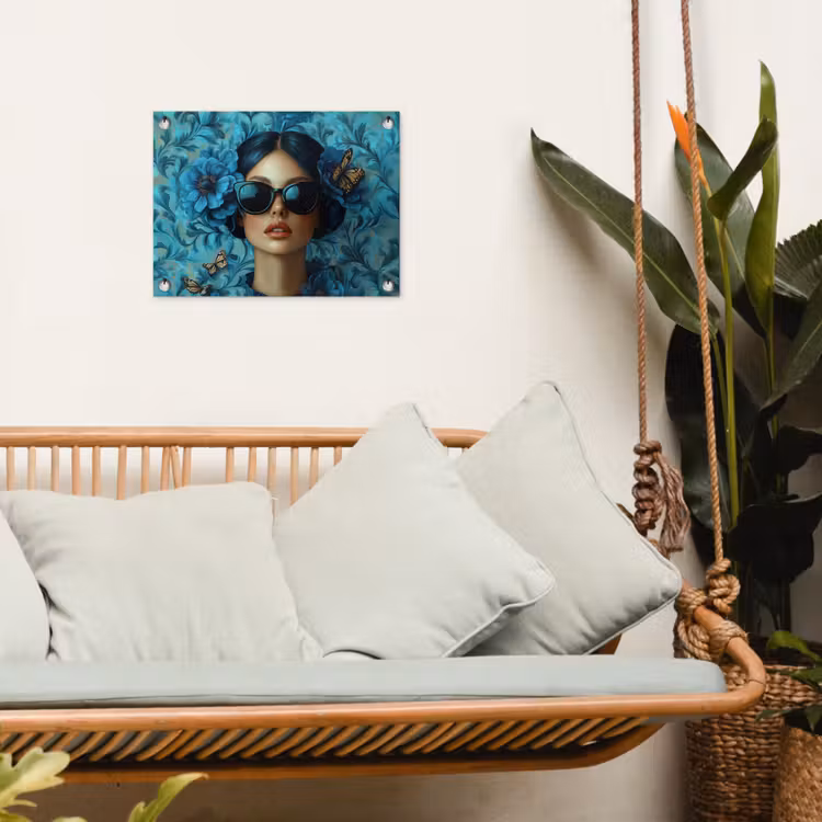 Tuinposter - Vrouw - Bloemen - Vlinders - Blauw - Abstract — 4
