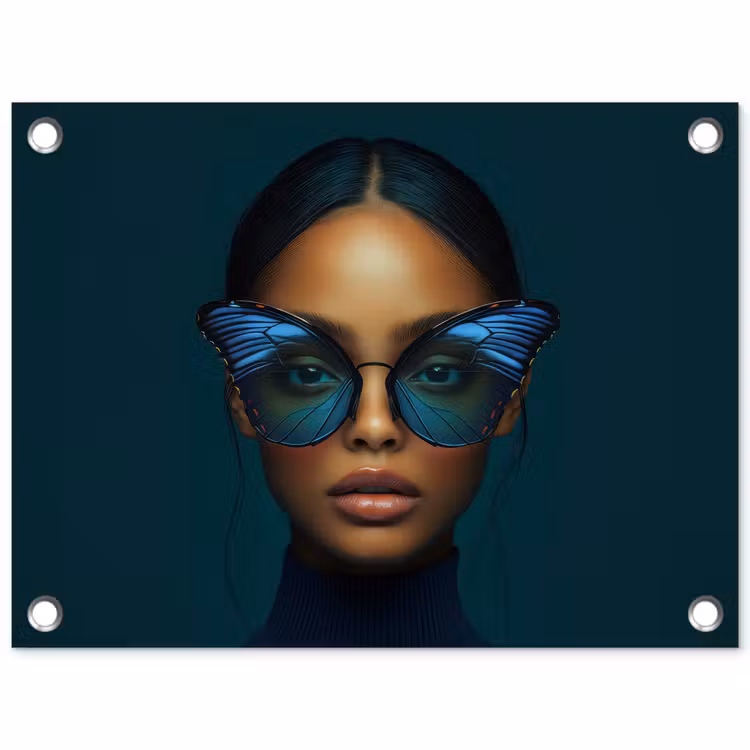 Tuinposter - Vrouw - Vlinder - Bril - Blauw - Modern - Portret — 1