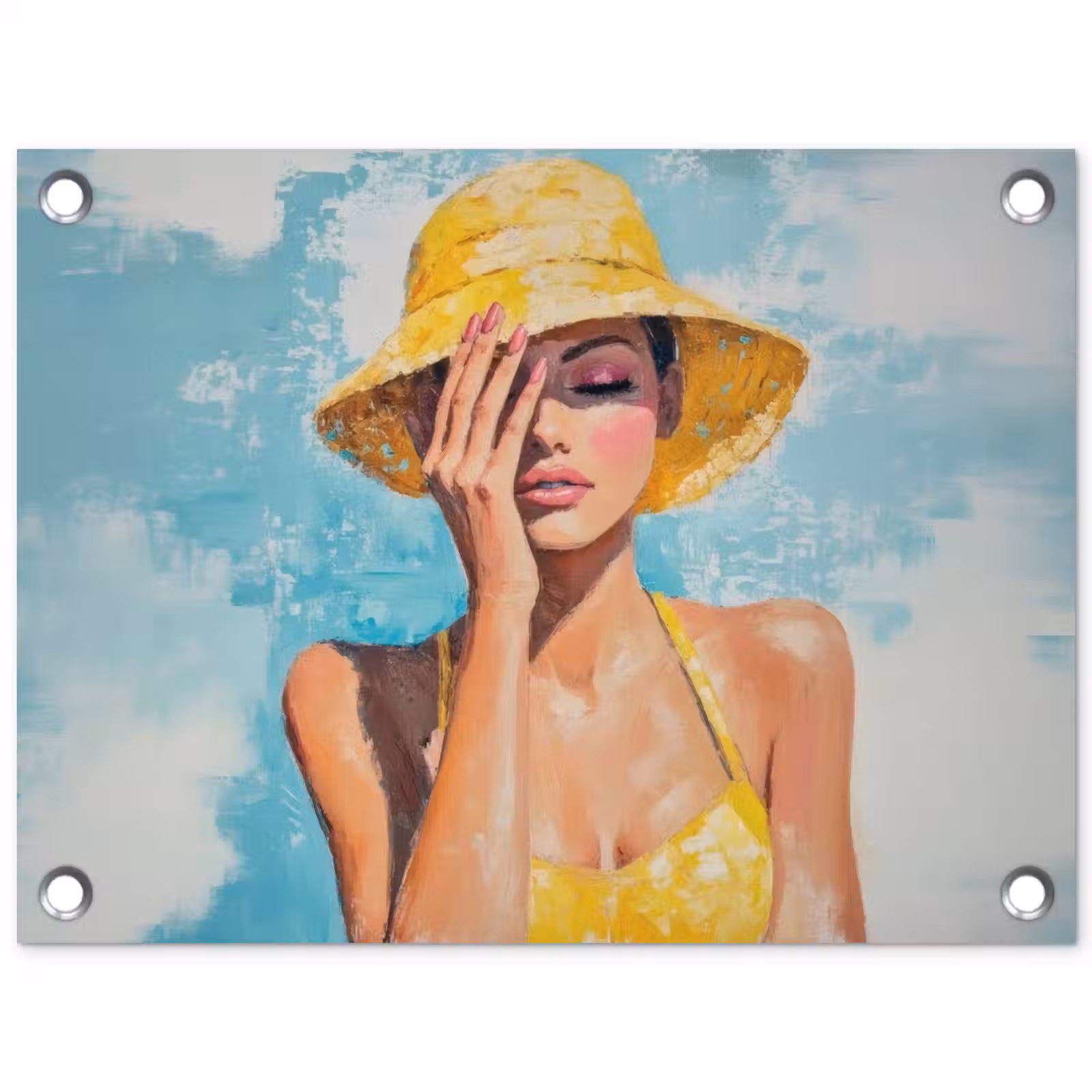 Tuinposter - Schilderij - Vrouw - Hoed - Geel — 1