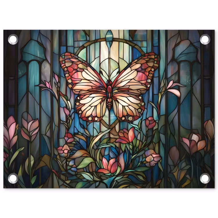 Tuinposter - Vlinder - Roze - Bloemen - Bladeren — 1