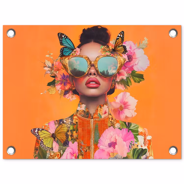 Tuinposter - Vlinders - Vrouw - Zonnebril - Kleurrijk — 1