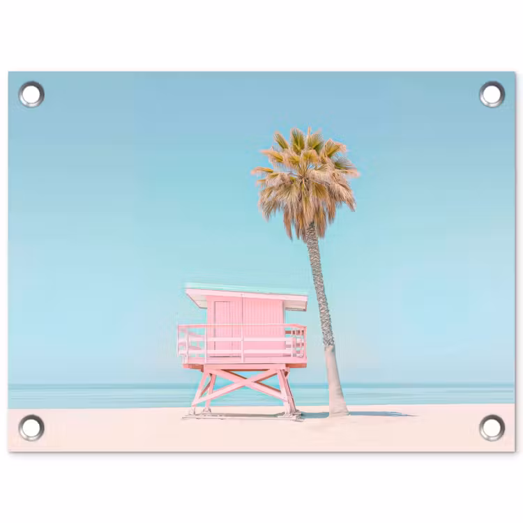 Tuinposter - Palmboom - Strandhuis - Roze — 1