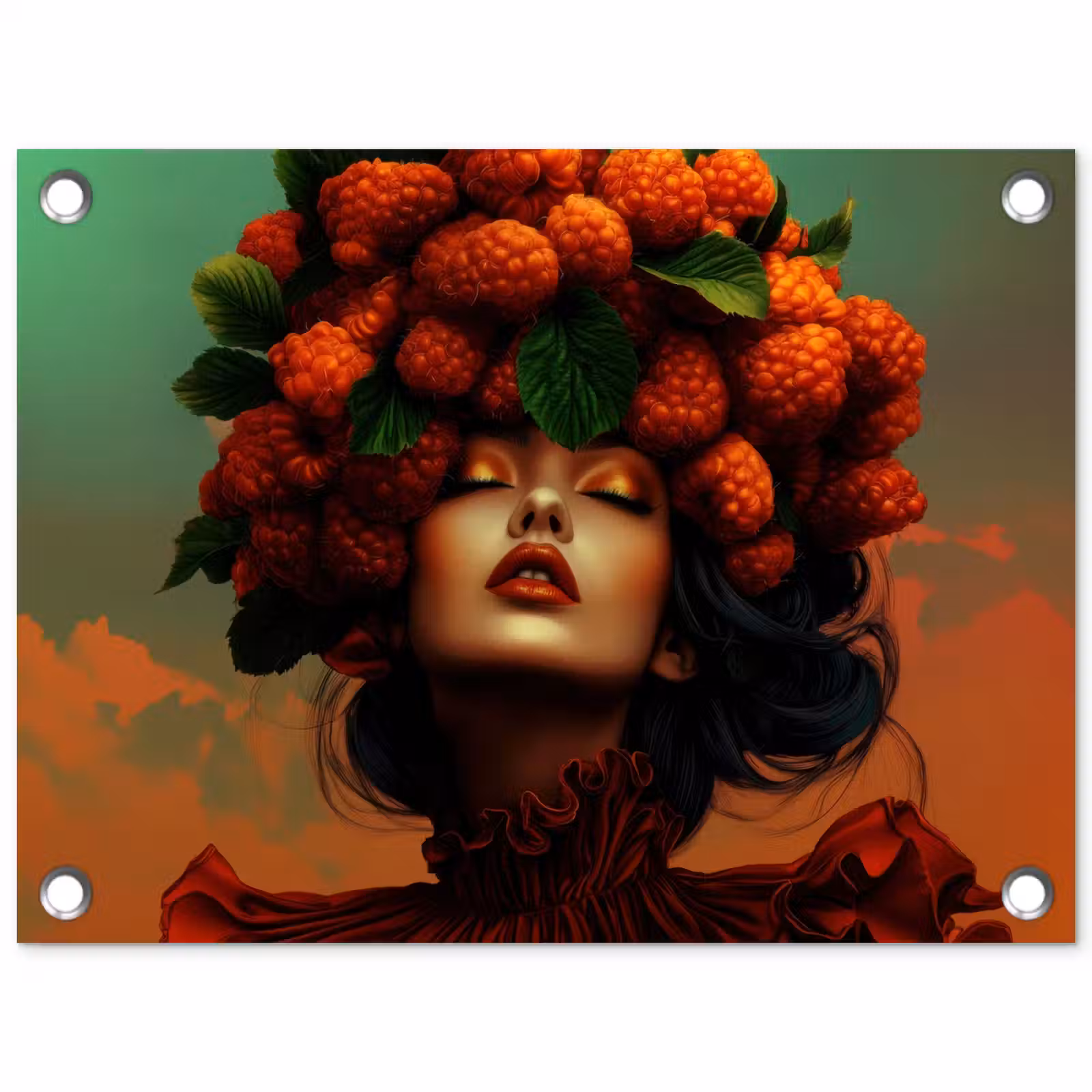 Tuinposter - Vrouw - Frambozen - Bladeren — 1