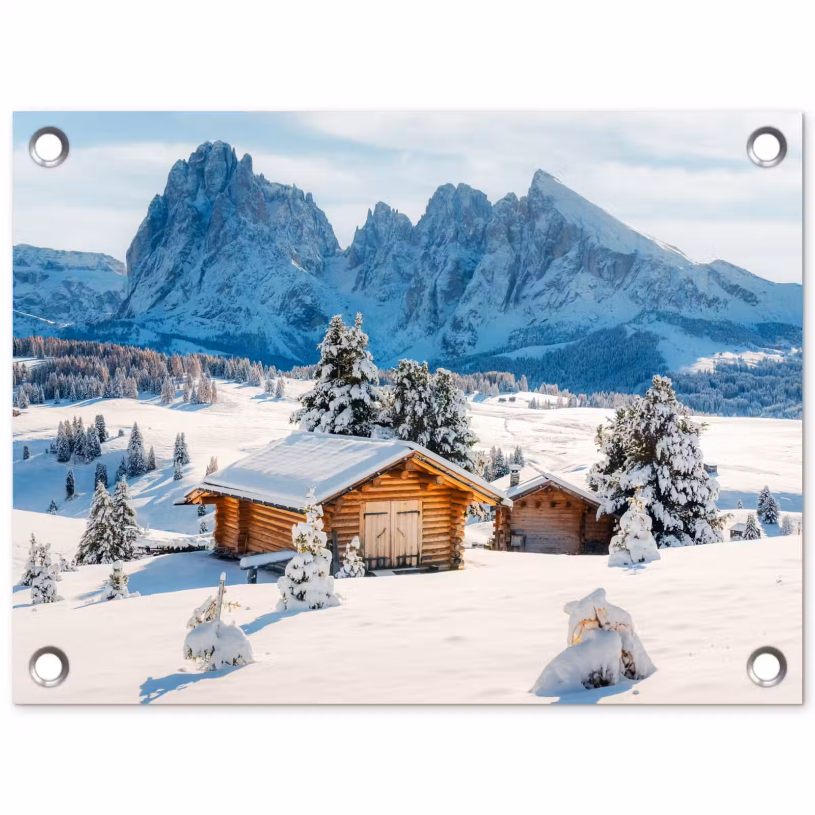 Tuinposter - Winter - Huisje - Bergen - Uitzicht - Sneeuw — 1