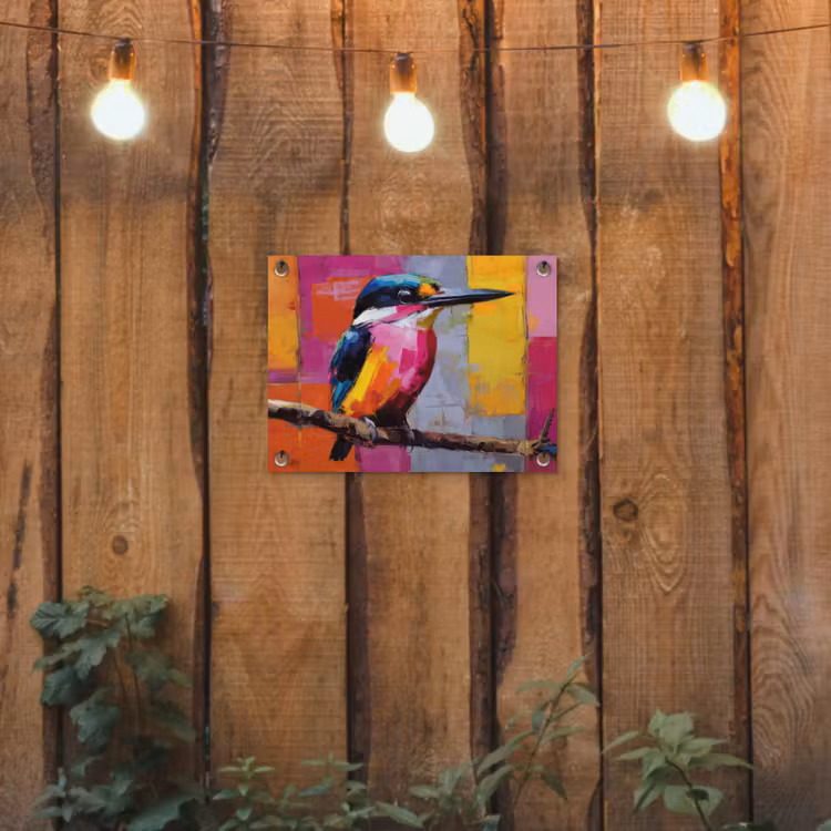 Tuinposter - Roze - Ijsvogel - Tak - Kleurvlakken — 3