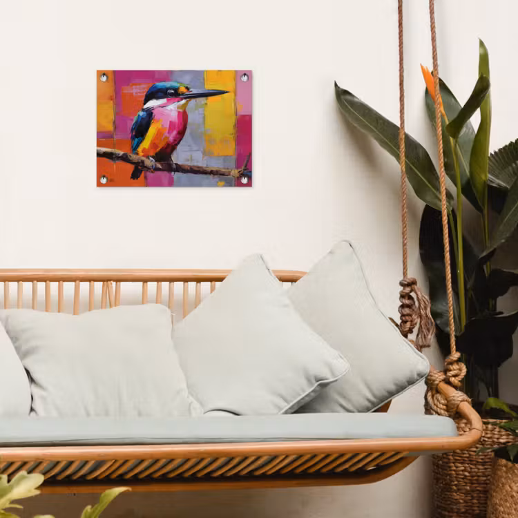 Tuinposter - Roze - Ijsvogel - Tak - Kleurvlakken — 4