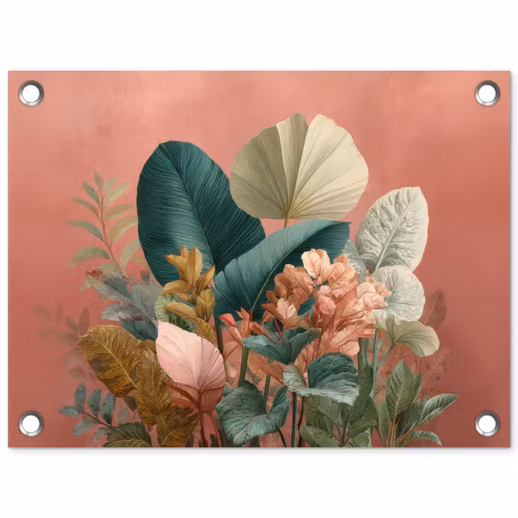 Tuinposter - Tropische bladeren - Bloemen - Roze - groen — 1