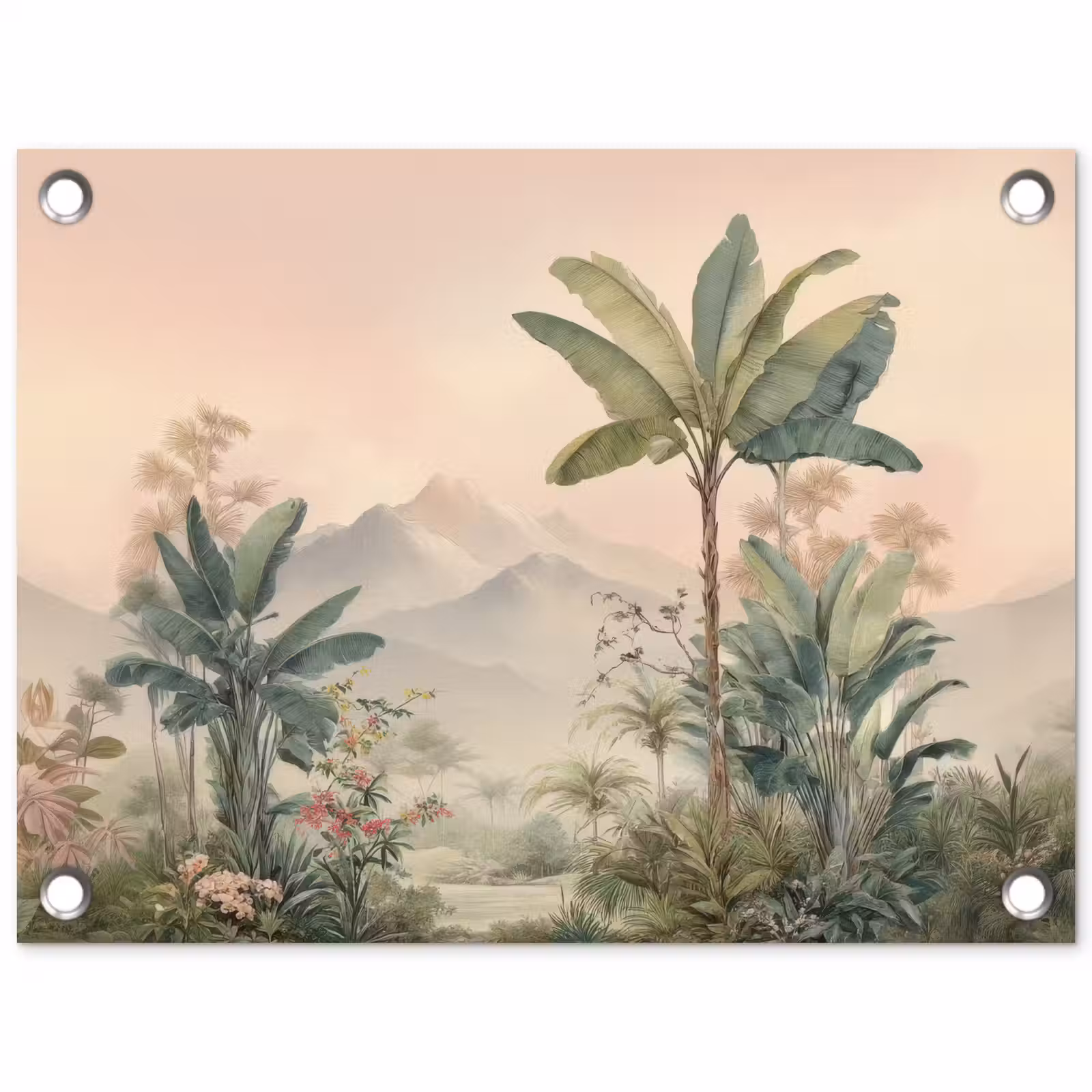 Tuinposter - Tropisch landschap - palmbomen - Bloemen - Roze lucht — 1