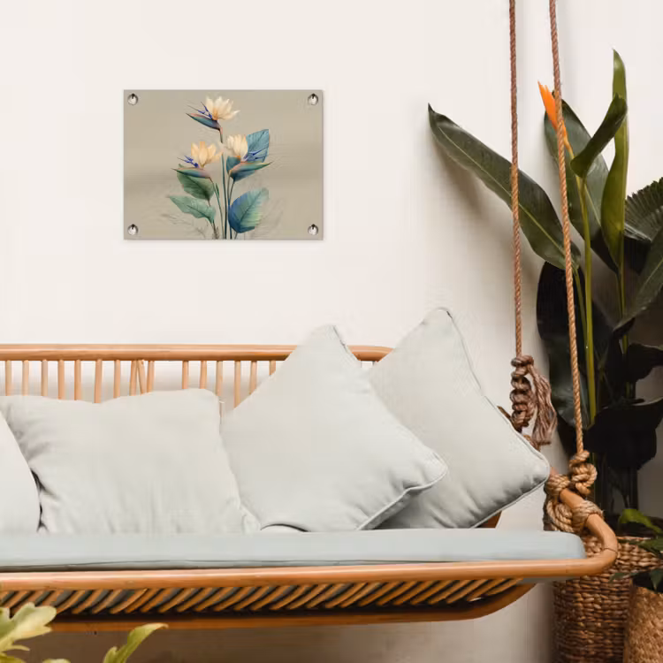 Tuinposter - Paradijsvogelbloemen - Blauwgroene bladeren - Beige — 4