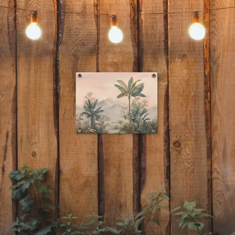 Tuinposter - Tropisch landschap - palmbomen - Bloemen - Roze lucht — 3