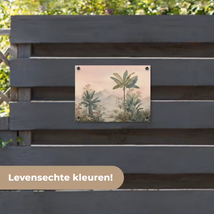 Tuinposter - Tropisch landschap - palmbomen - Bloemen - Roze lucht — 6