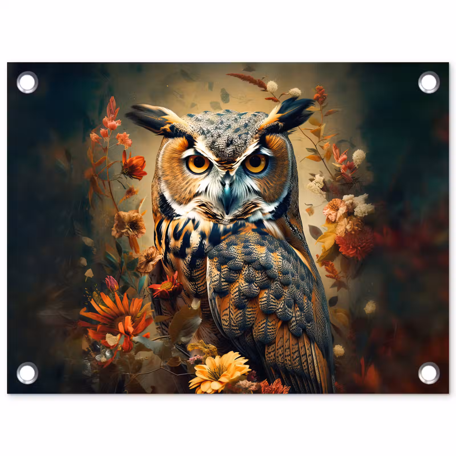 Tuinposter - Uil - Vogel - Bloemen - Planten - Botanisch — 1