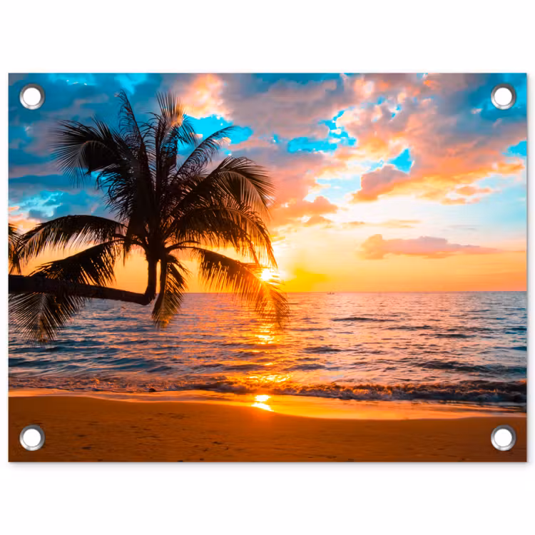 Tuinposter - Palm - Zonsondergang - Horizon - Strand - Zee - Tropisch — 1