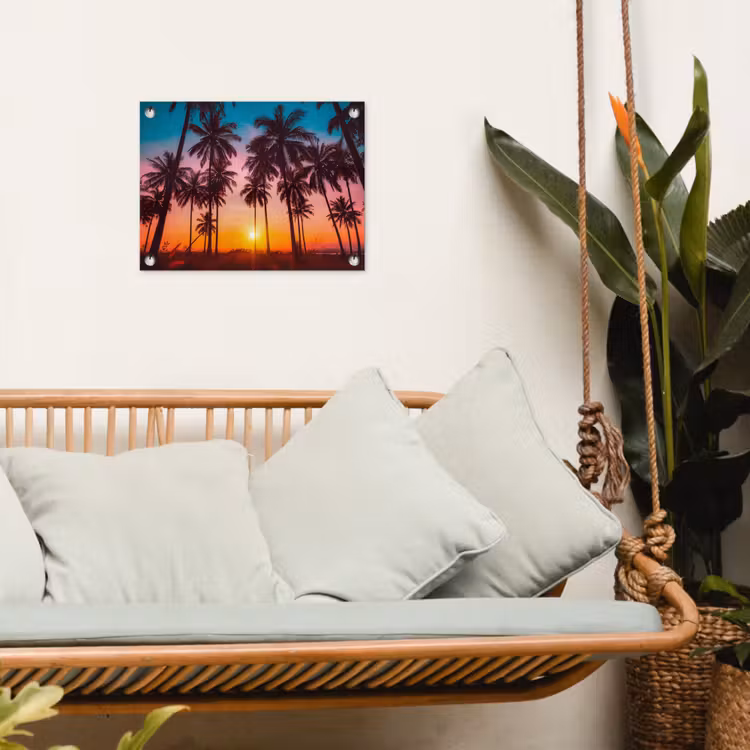Tuinposter - Palmboom - Zonsondergang - Horizon - Strand - Oranje - Roze — 4