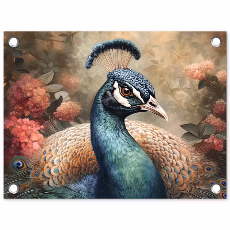 Tuinposter - Pauw - Vogel - Bloemen - Planten - Pauwenveren — 1