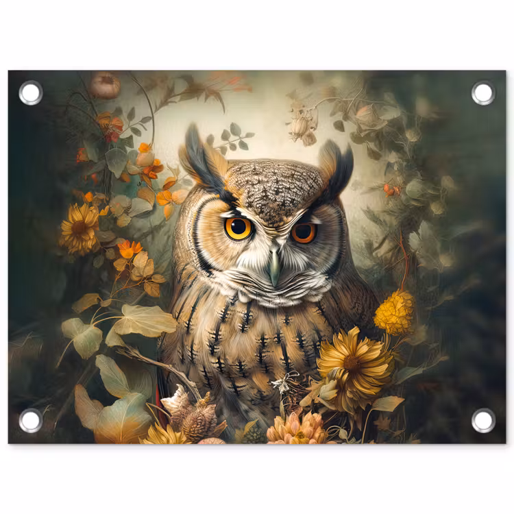 Tuinposter - Uil - Vogels - Bloemen - Natuur — 1