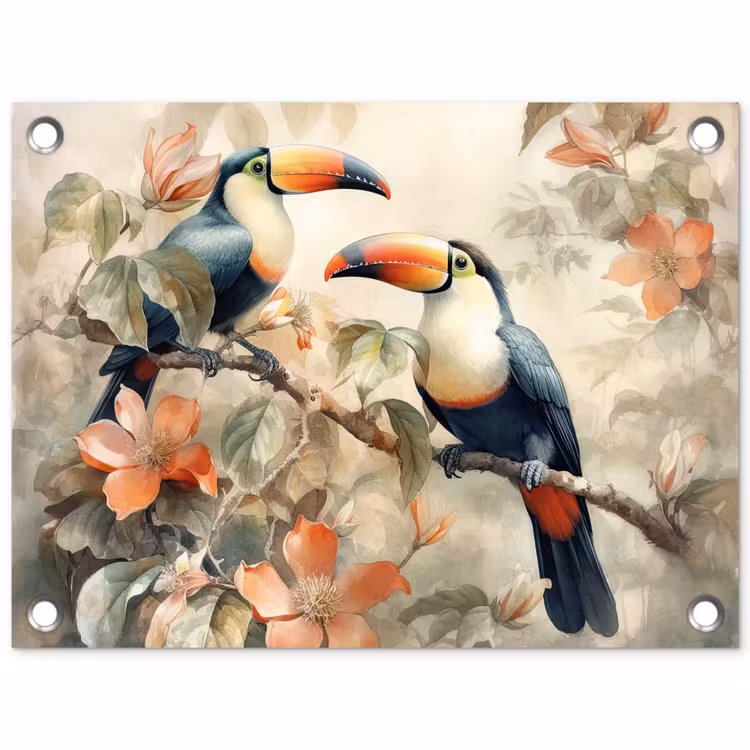 Tuinposter - Toekan - Vogels - Bloemen - Tak — 1